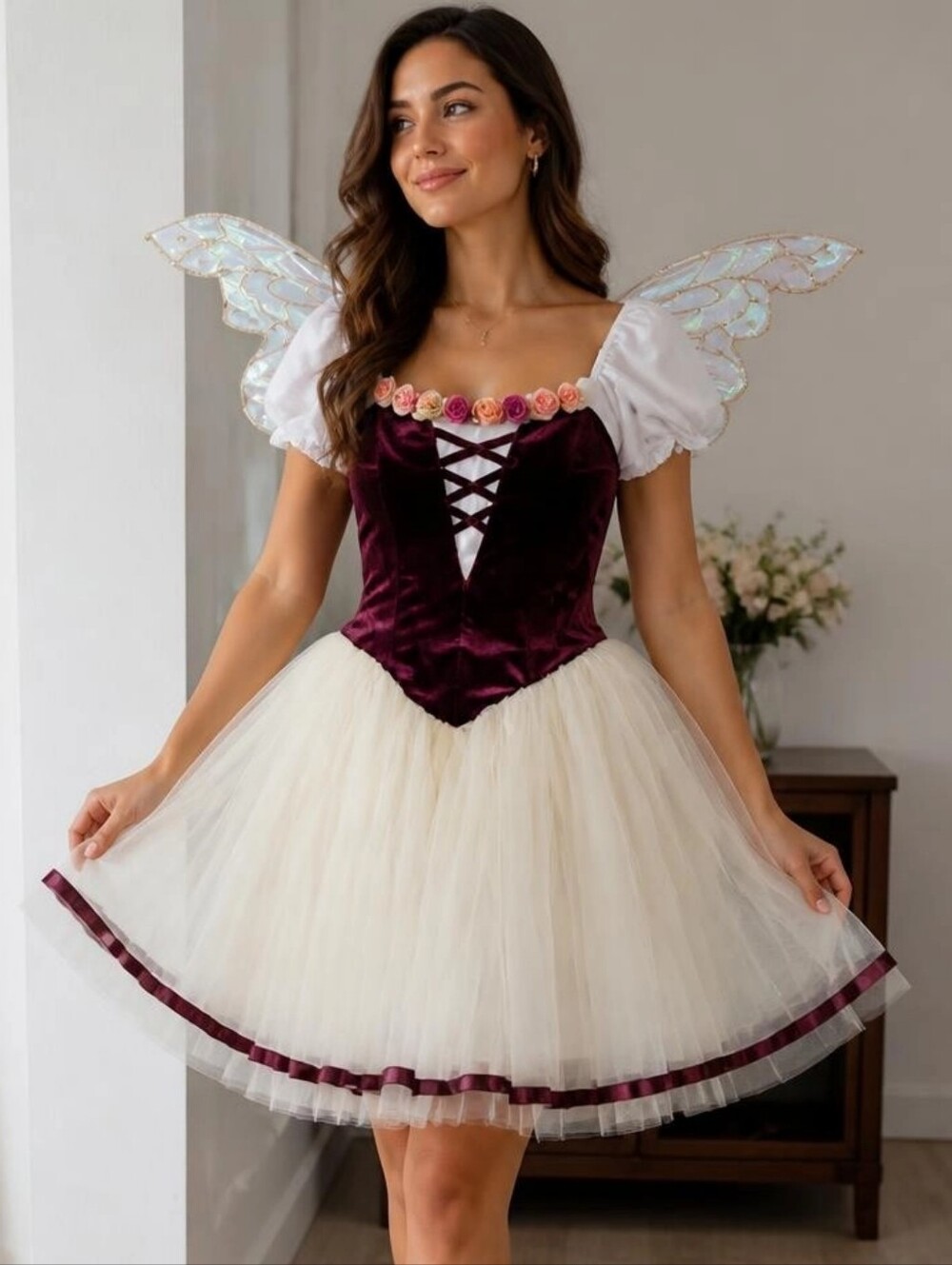Elegant Burgundy Velvet & Cream Romantic Fairy Costume with Wings Size Adult M